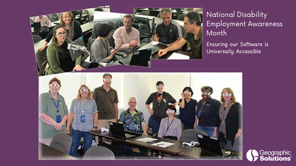 Collage of two photos showing Geographic Solutions’ Accessibility Services Team testing software with JAWS screen reader technology. The test reads 